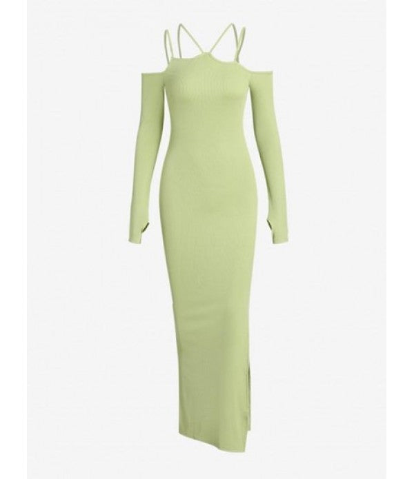 Cold Shoulder Strappy Side Slit Slinky Dress