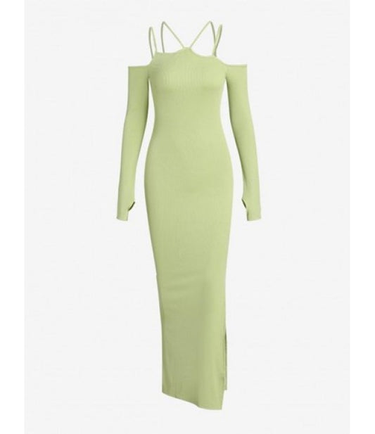 Cold Shoulder Strappy Side Slit Slinky Dress